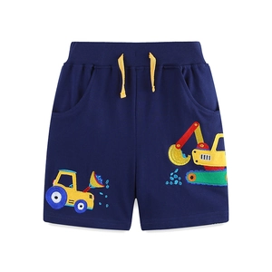 Boys navy cotton shorts with yellow drawstring and colorful truck embroidery