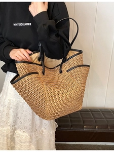 Women Large Capacity Straw Woven Tote Bag Casual Beach Vacation Shoulder Bag With Contrast Leather Trim Fashion Basket Bag