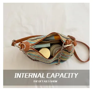 Internal view of colorful woven bag showing capacity for cosmetics and daily essentials