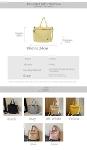 Detailed size chart for canvas bucket bag showing dimensions 24x24x10cm and color options
