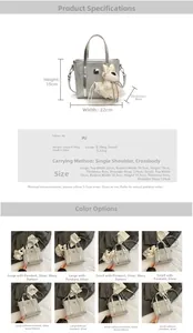 Size chart showing large and small PU leather bucket bags with detailed measurements