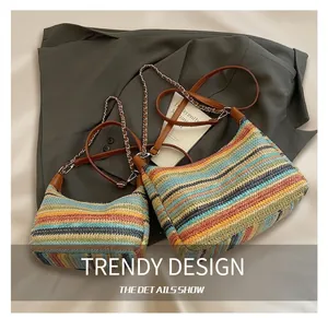 Detailed macro view of vibrant striped straw bag textures with metal chain straps