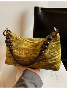 Velvet mustard yellow beaded handbag with bamboo leaf pattern and retro wooden handle