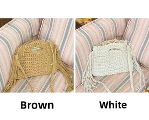 Detail of crochet tote bags with long tassels and drawstring lining in brown and white