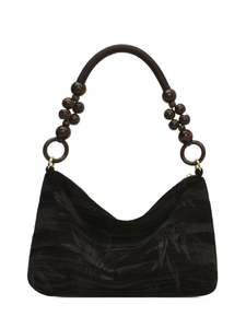Retro black velvet hobo bag with bamboo pattern and beaded wooden shoulder strap