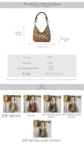 Size chart and specifications for woven straw tote bag showing dimensions and colors