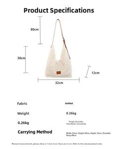 Size chart showing 32x38cm dimensions and crossbody strap length for knitted tote bag