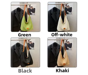 Detailed grid showing four colors of woven hobo tote bags with leather shoulder straps