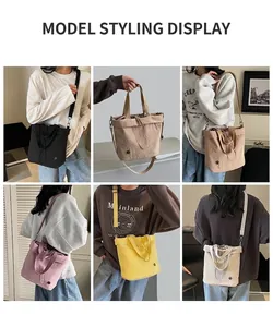 Detailed grid view showing canvas bucket bags in six colors with adjustable straps