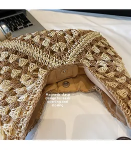 Detailed view of woven tote bag with magnetic closure and smooth brown fabric lining