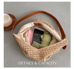 Large capacity detail of crochet straw tote bag showing internal storage for essentials