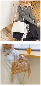 Detail of bohemian cotton crochet tote bag with long side fringes and woven strap