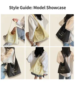 Detailed views of pleated soft tote bags with inspirational quotes in yellow and black