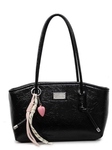 Black glossy oil wax leather tote bag with silver plaque and heart charm pendant