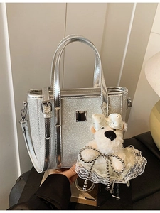 Women's Silver Glitter PU Leather Bucket Bag Korean Minimalist Wave Texture Shoulder Crossbody Bag With Plush Dog Pendant Handbag