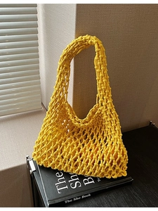 Women Handmade Hollow Knitted Straw Tote Bag Summer Beach Woven Handbag Niche Forest Style Solid Color Crochet Travel Bag