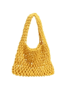 Handmade hollow knit tote bag in bright yellow summer crochet design for women
