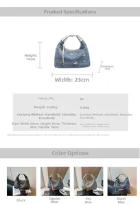 Detaillierte Größentabelle und Maße der Schmetterling Denim-Textur Halbmond Tasche