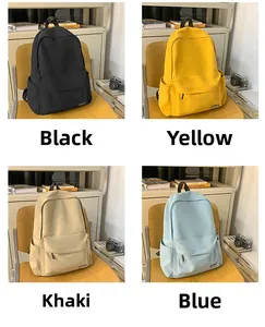 Collage of four minimalist waterproof backpacks in black, yellow, khaki, and blue colors