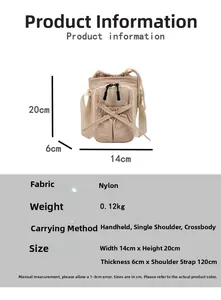Detailed dimensions of beige nylon crossbody bag with dual zipper and drawstring