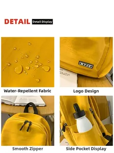Detailed views of yellow water-resistant nylon backpack with brand label and metal zipper