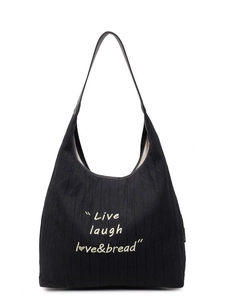 Large capacity black pleated tote bag with Live laugh love print and long shoulder strap