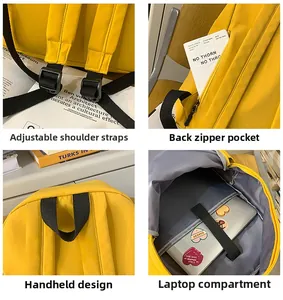 Yellow nylon backpack details showing adjustable straps and laptop compartment