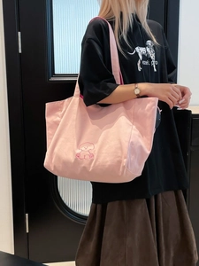 Sac fourre-tout en toile rose avec broderie de chien de dessin animé pour le quotidien