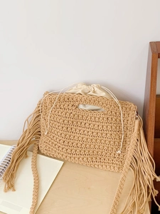 Bohemian Handmade Woven Cotton Rope Shoulder Bag For Women Large Capacity Fringe Tassel Tote Bag Beach Vacation Casual Bag