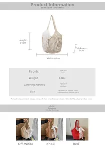 Guide des tailles de sacs tissés avec dimensions 40x34x9cm et détail de nœud en dentelle