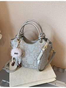 Sac Seau Femme en Cuir PU Vintage Motif Serpent Avec Poignée à Nœud Sac à Épaule Bandoulière Avec Pendentif en Peluche