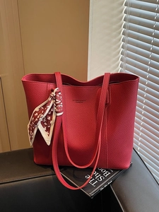 Large Capacity PU Leather Lychee Pattern Tote Bag For Women Minimalist Design With Decorative Silk Scarf Shoulder Handbag