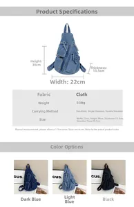 Detailliertes Diagramm der Denim-Umhängetasche mit Maßen und verschiedenen Trageoptionen