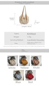 Detailed size specifications of the knitted tote bag with colorful dots and leather handles