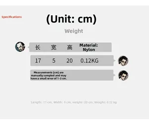 Size chart for nylon crossbody bag showing 17x5x20cm dimensions and 0.12KG weight