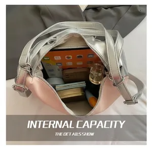 Top view showing large interior capacity of the silver and pink metallic tote bag