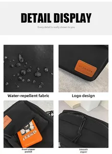 Detail of waterproof canvas cross-body bag featuring a leather logo and zip pocket