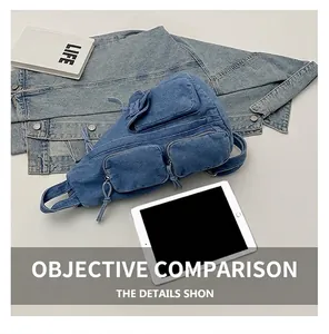 Detail der blauen Denim-Umhängetasche mit Multi-Pocket-Design und Vintage-Arbeitsstil