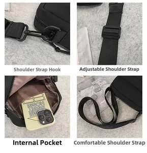 Detail view of nylon crossbody bag featuring detachable hooks and adjustable straps