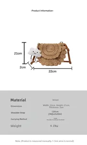Detail of woven straw saddle bag featuring wavy edges and adjustable leather strap