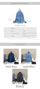 Tableau des tailles détaillé et options de couleurs pour le grand sac à dos en denim