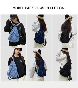 Collage aus modischen Denim-Umhängetaschen in Hellblau, Dunkelblau und Schwarz für Mädchen