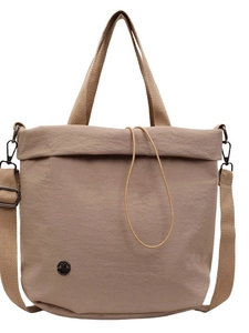 Versatile taupe nylon crossbody bucket bag with adjustable strap and metallic logo detail