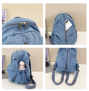 Détails du sac à dos en denim bleu clair avec fermetures éclair et poches de rangement