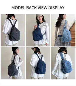 Trois couleurs de sacs à dos en toile denim présentées par un mannequin au quotidien