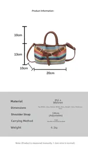 Detailed size chart for a mini woven straw crossbody bag with brown PU leather trim