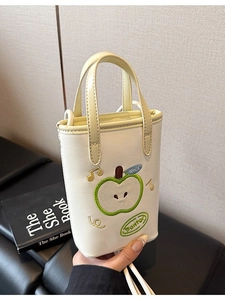 Women Apple Embroidery Mini Bucket Bag PU Leather Fashion Single Shoulder Crossbody Bag Mobile Phone Handbag Green White