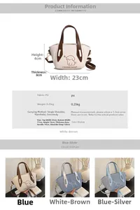 Detailed size guide and parameter chart for embroidered denim shoulder bag with dog illustration