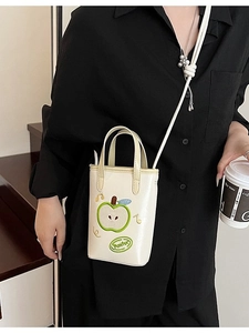 Fashionable cream white mini apple handbag with green embroidery and thin shoulder strap