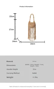Detailed size chart for bohemian woven handbag with dimensions and tassel features